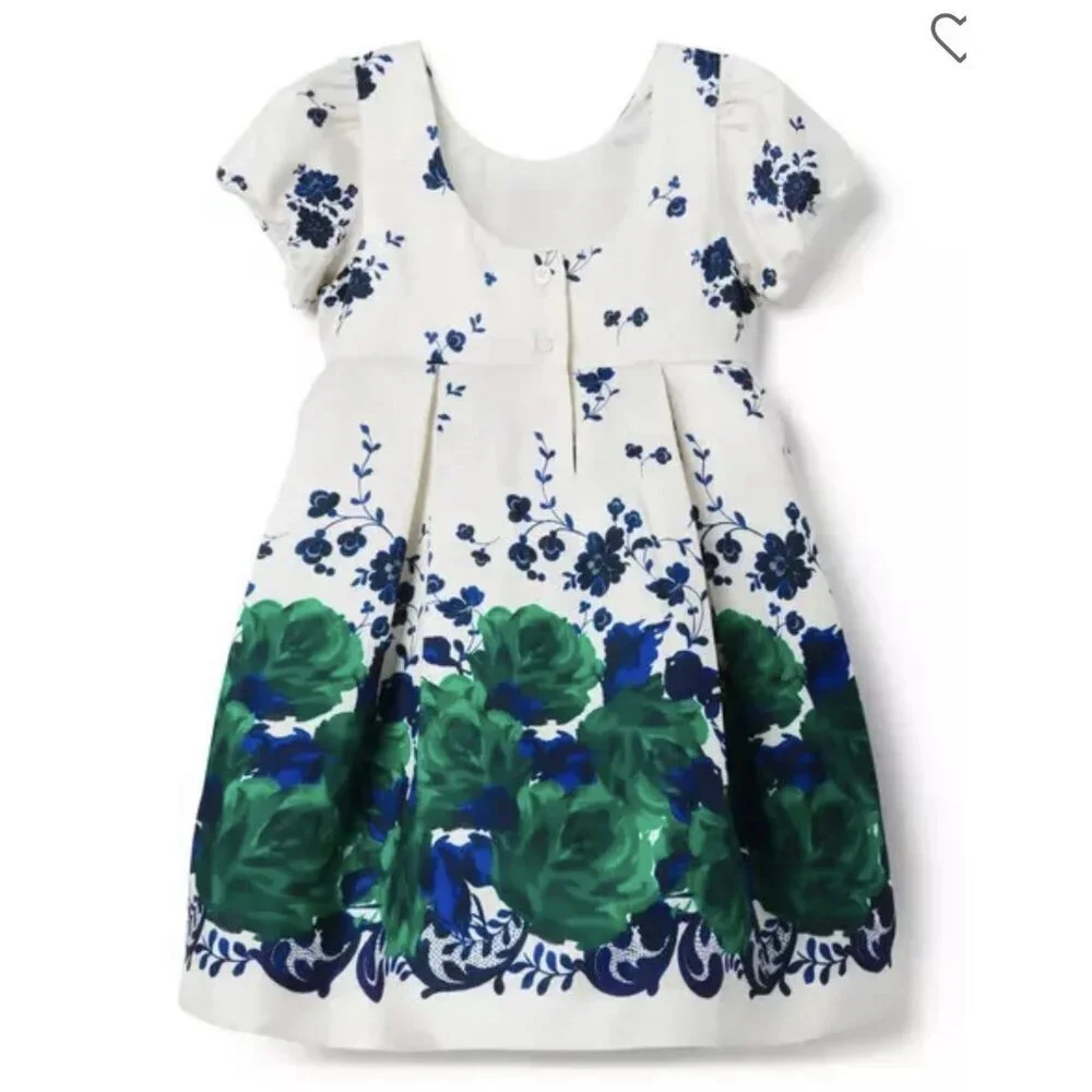 Janie & Jack Floral Dress Sz 3 Satin Ivory Blue & Green Formal Occasion Holiday